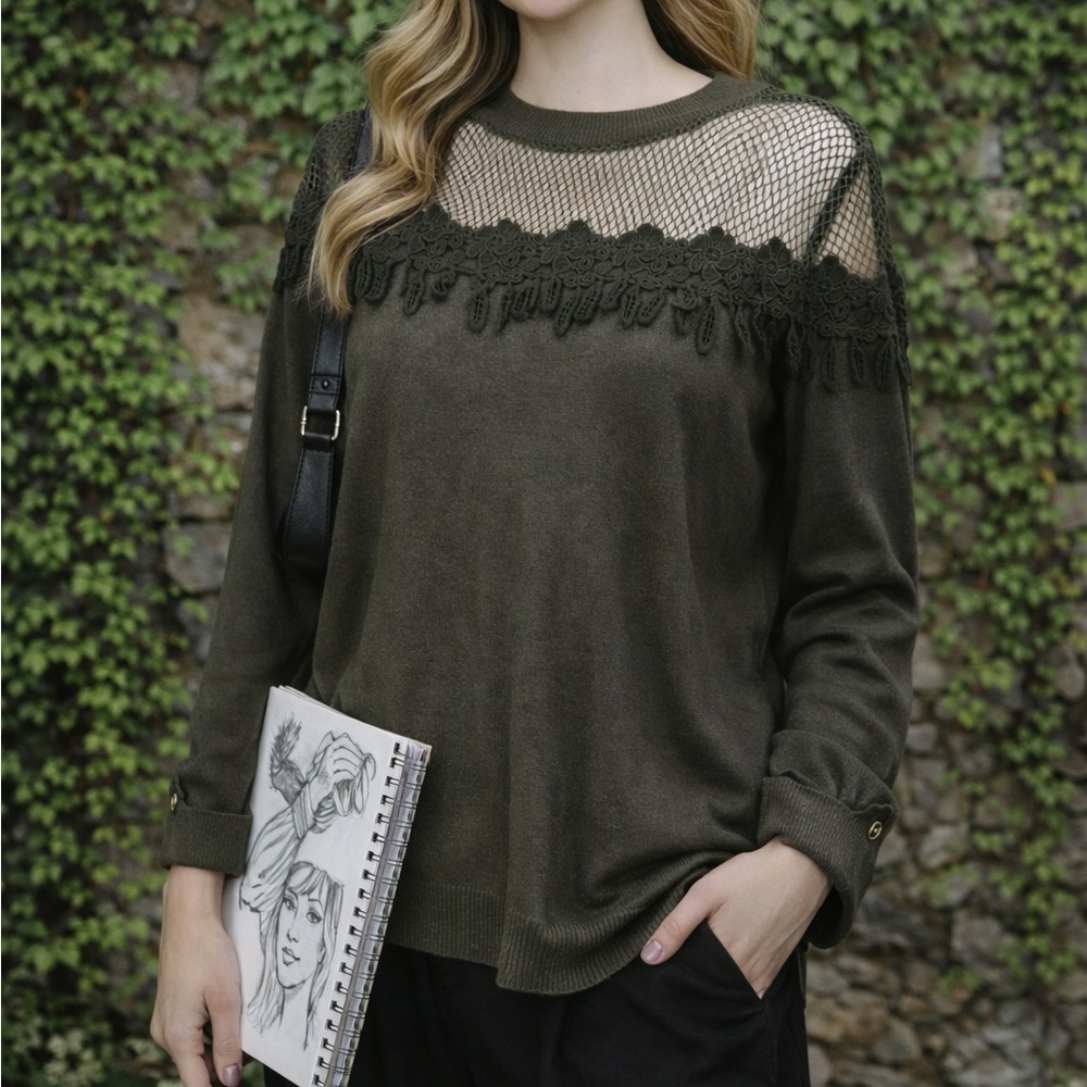 NWT GABRIELLE MOLLY BRACKEN Green Mesh and Knit Sweater, One Size
